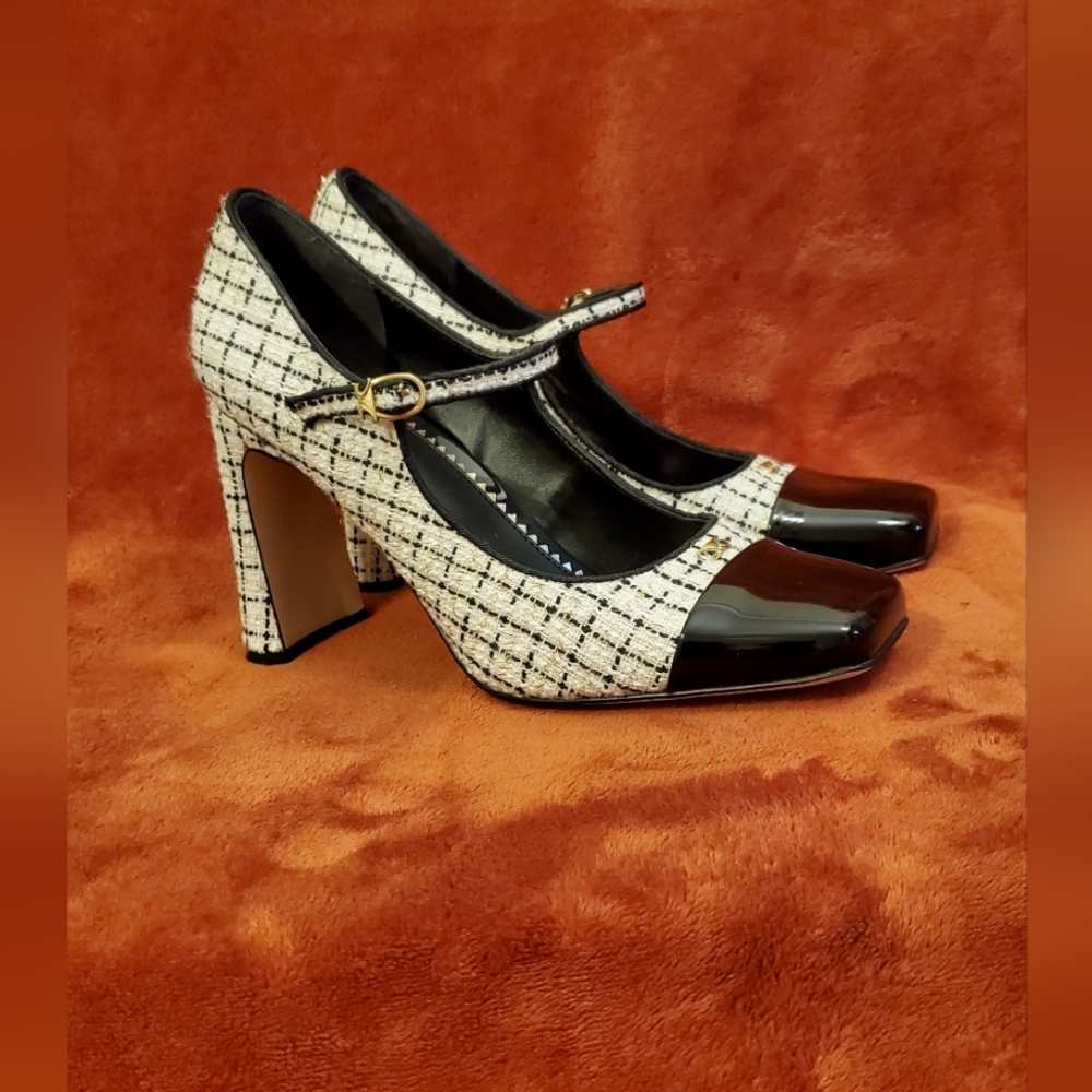 Sam Edelman Black and White Tweed Mary Jane Heels with Patent Toe